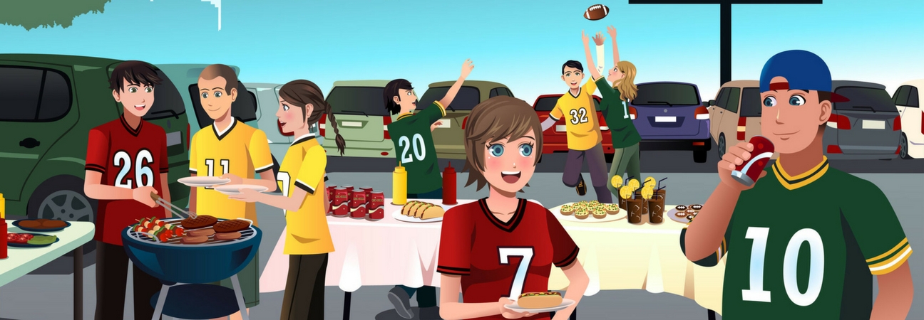 A cartoon showing a group of fans tailgating a football game